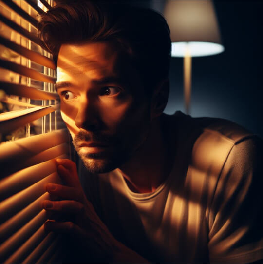 Мужчина тревожно смотрит через жалюзи